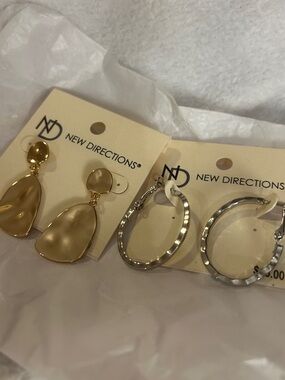 new directions Gold Drop Earrings and Silver Textured Hoops Set